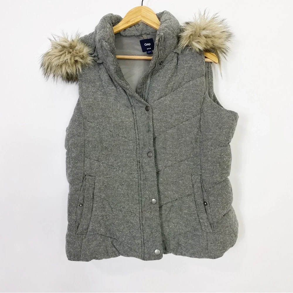 Gap cute vest pretty cardigan fitted puffer faux fur hoodie gray warm winter L - Picture 2 of 11
